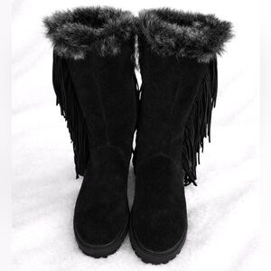 Sam Edelman Tilden Black Suede Fringe Mid Calf Boots Faux Fur Trim size 8
